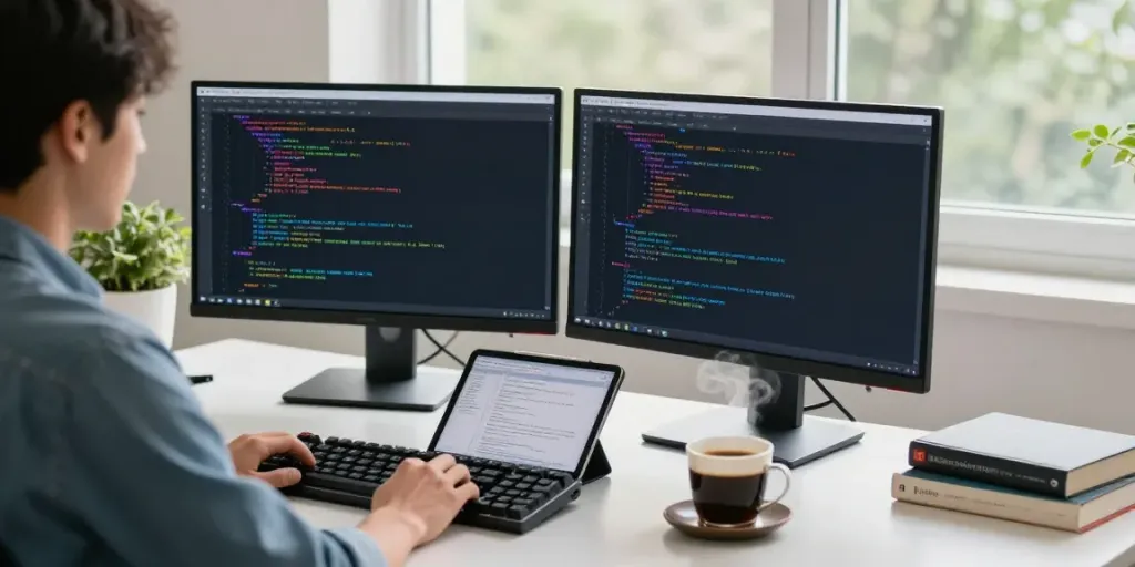 Developer using Notepad++ at a dual-monitor coding setup with coffee and plants.