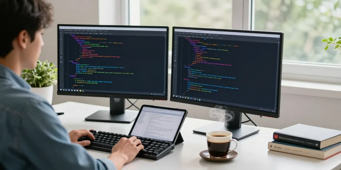 Developer using Notepad++ at a dual-monitor coding setup with coffee and plants.