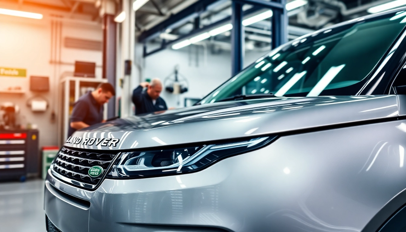 Land Rover Service technicians expertly repairing a Land Rover vehicle in a modern workshop.