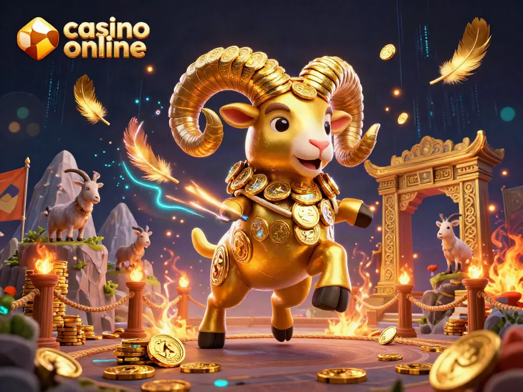 Disfruta del casino online con el carnero dorado y montones de fichas de póker.