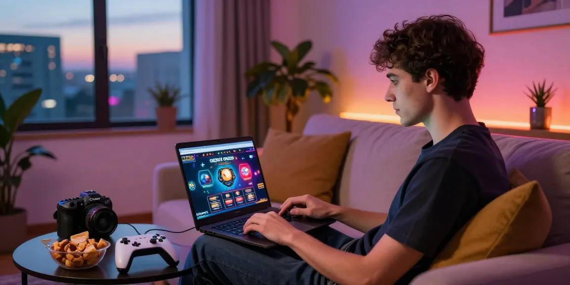 Engaging scene of a young adult playing at credit card casinos with a laptop and snacks in a stylish home.