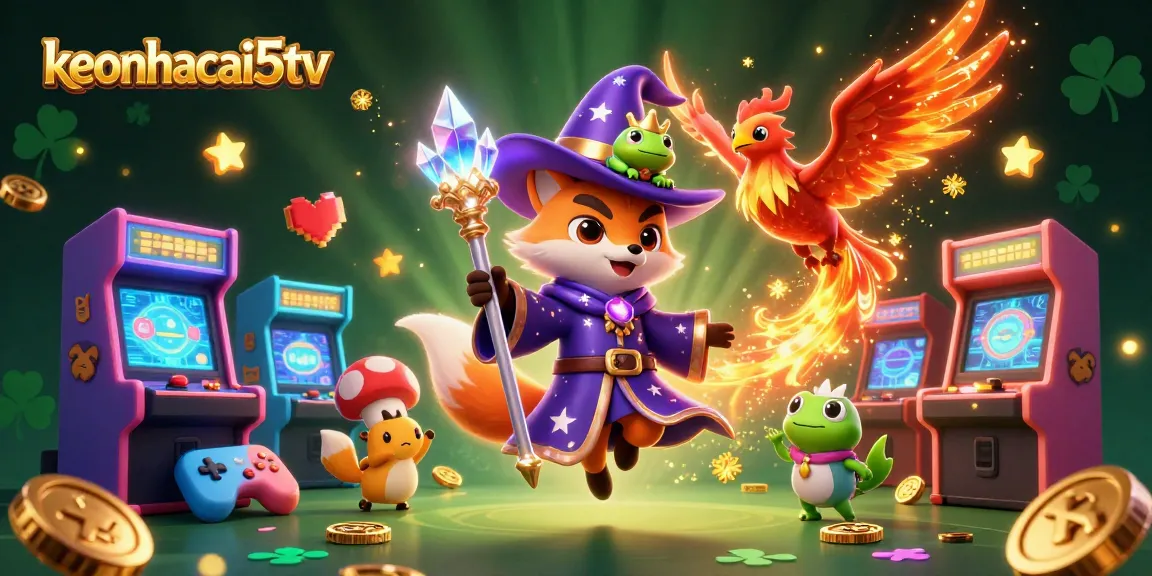 Engage with keonhacai5tv's vibrant casino adventure featuring a wizard fox, phoenix, and enchanted elements.