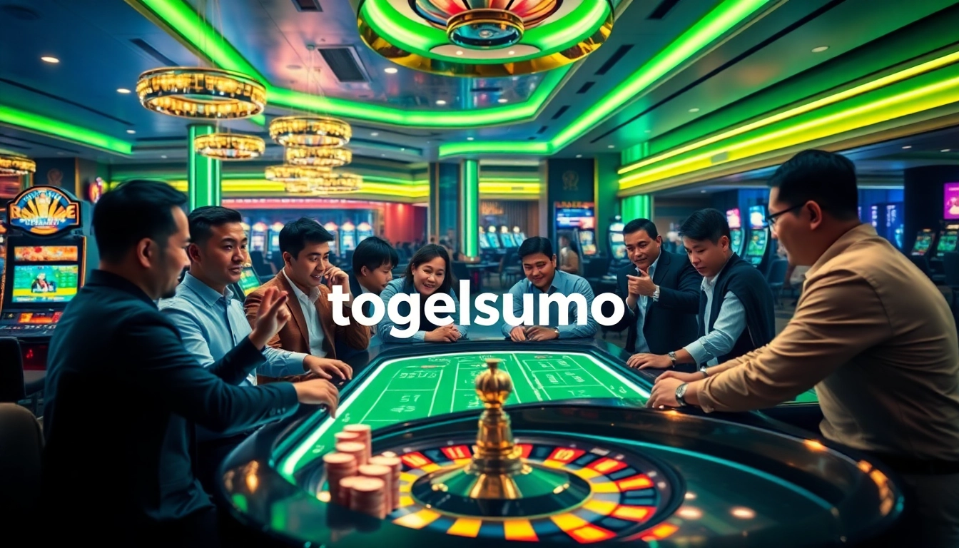 Pemain Togelsumo berinteraksi dengan meja taruhan digital berwarna-warni dan mesin slot di sebuah kasino yang ramai.