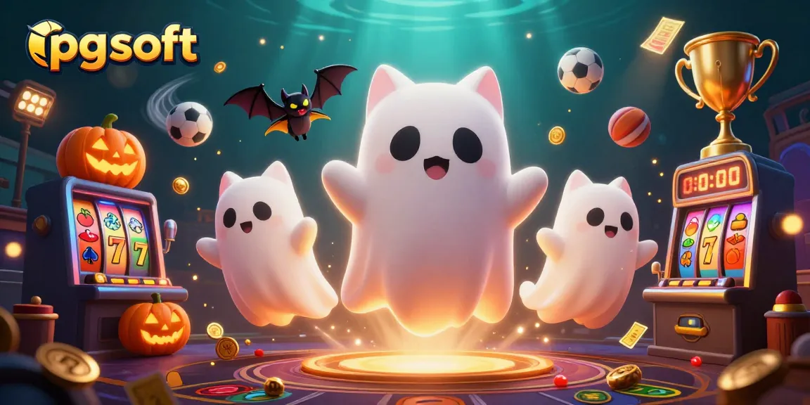 Experience excitement with pg soft as a friendly ghost cat navigates a vibrant casino scene filled with thrilling game elements.