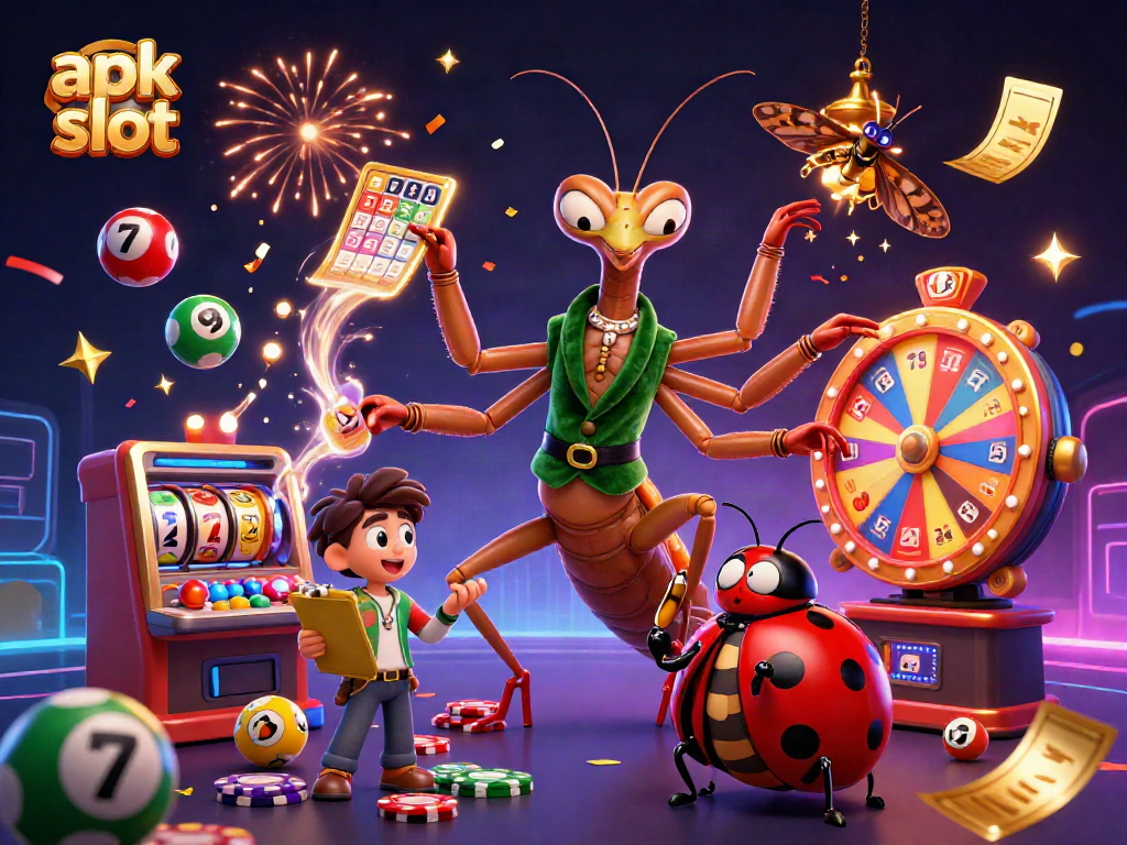 Engage in exciting apk slot action with a praying mantis dealer amidst vibrant gambling elements.