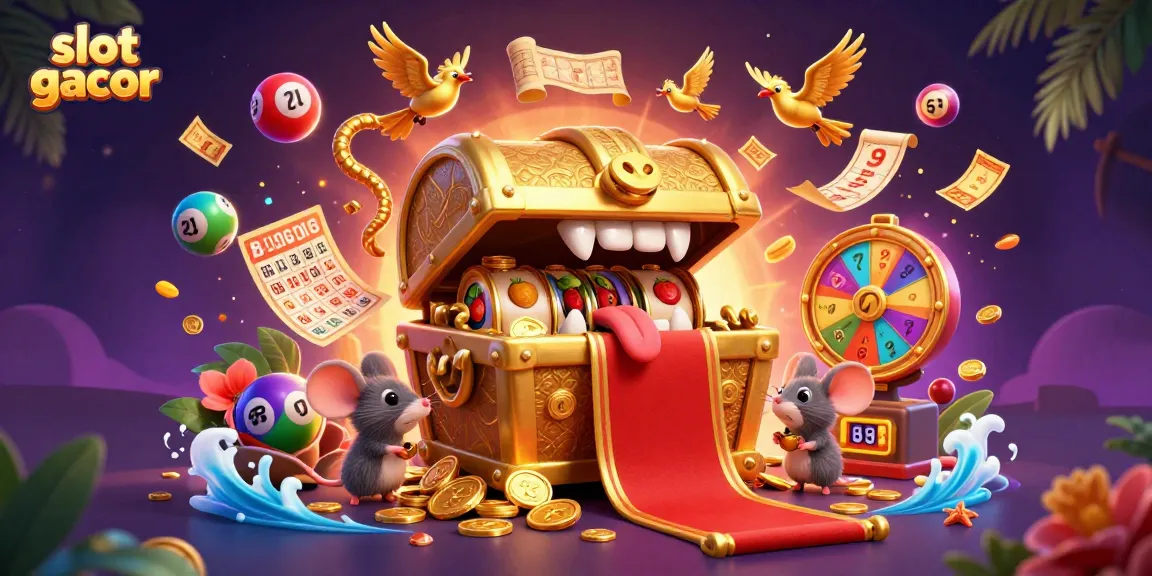 Engage in thrilling slot gacor adventures with vibrant visuals including colorful reels and dynamic lottery elements.