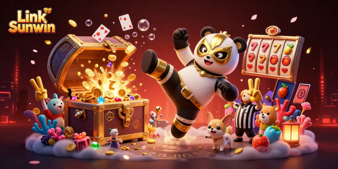Experience the thrill with Link Sunwin as the wrestling panda kicks into action amidst a vivid casino scene.