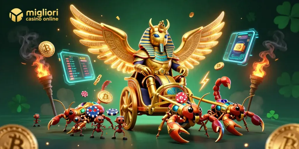 Scopri i migliori casino online con un'illustrazione di un coleottero d'oro in un'elegante scena casinò.