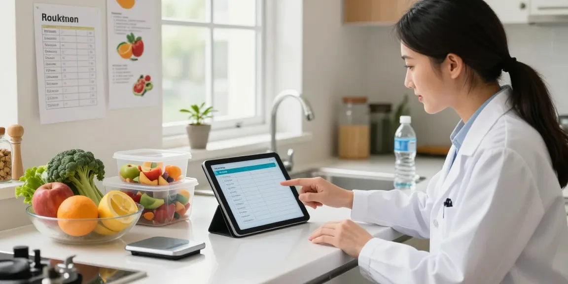Nutritionist explaining the best macro tracker app to a client in a well-lit kitchen.