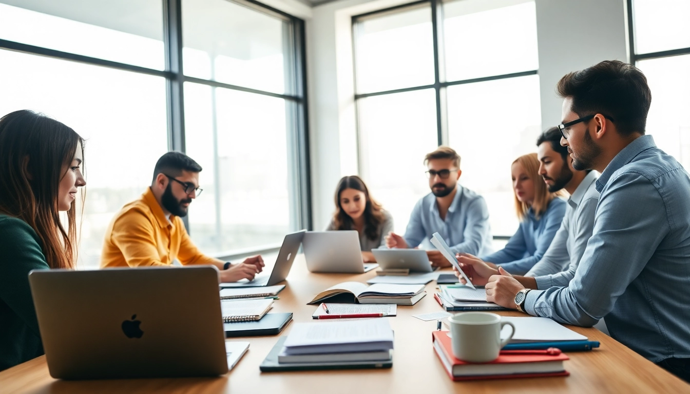 PMP exam support session with diverse group studying in bright, modern office setting.