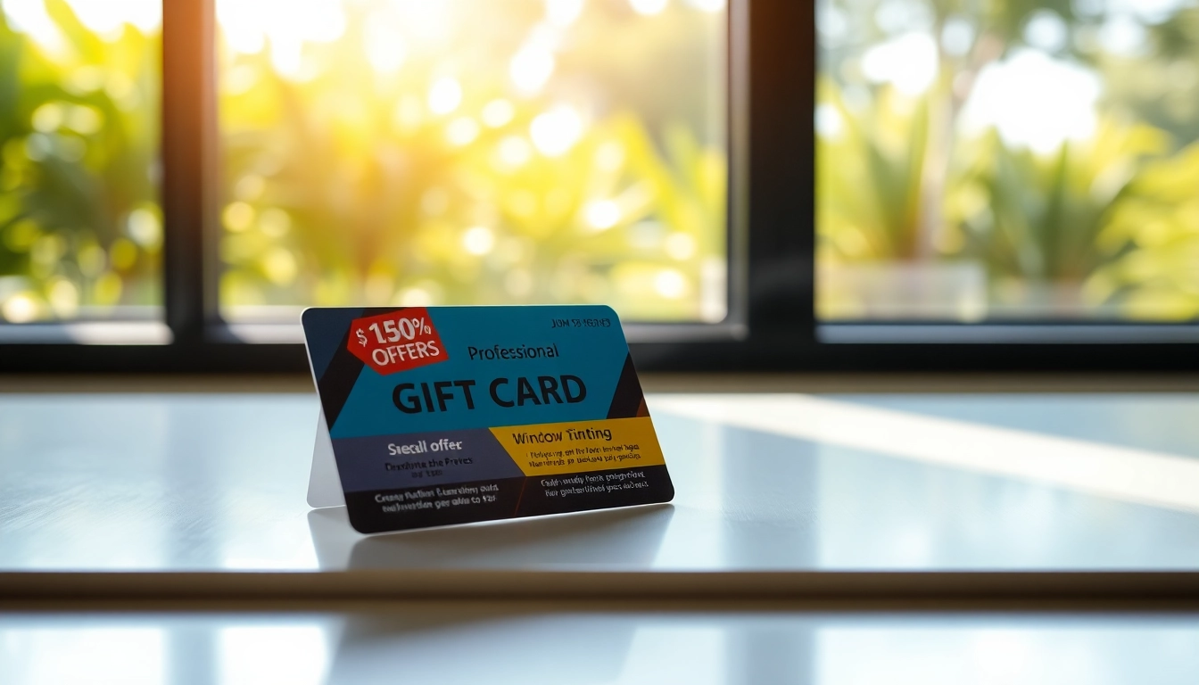 Gift card for window tinting showcasing elegant design on a stylish countertop.
