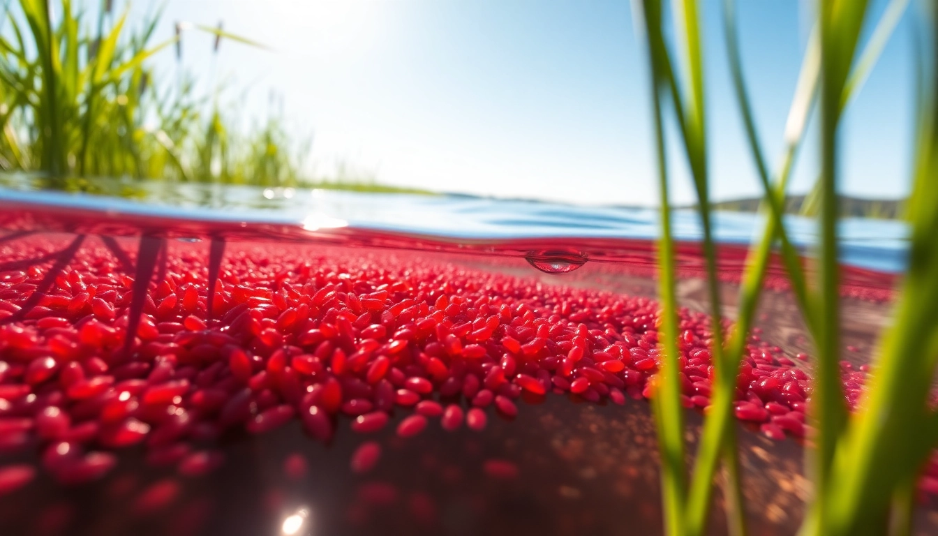 Haematococcus pluvialis astaxanthin algae thriving in sunlit freshwater, showcasing vibrant red blooms.