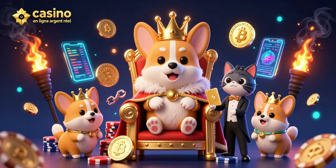 Jouez avec le casino en ligne argent réel en explorant notre illustration captivante de corgis royaux et éléments crypto.