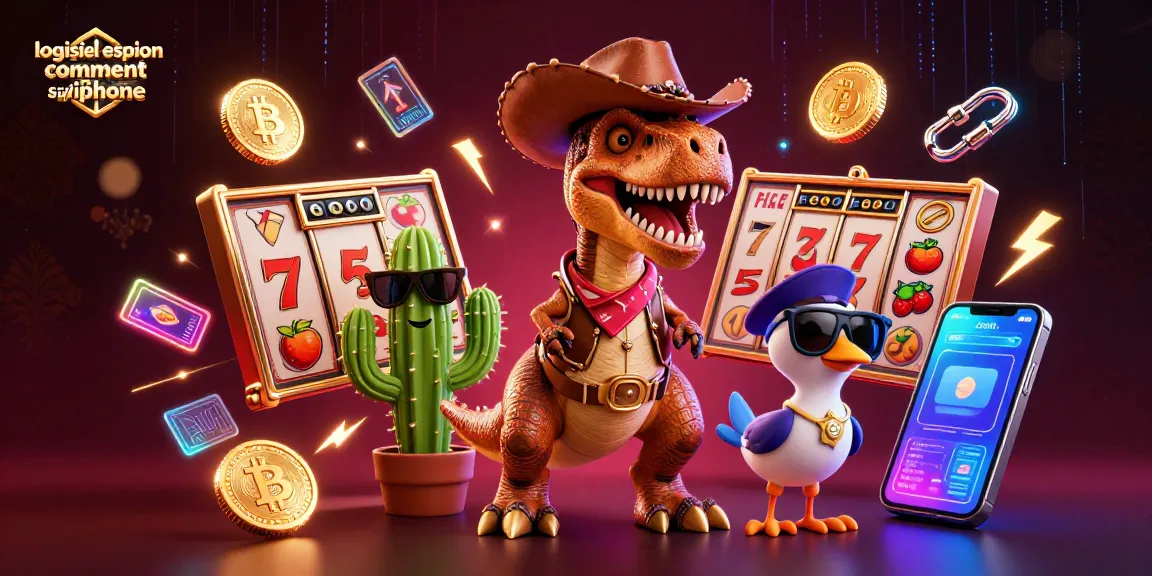 Jouer à logiciel espion comment savoir iphone avec une illustration dynamique, représentant un T-Rex cowboy entouré d'éléments de casino.