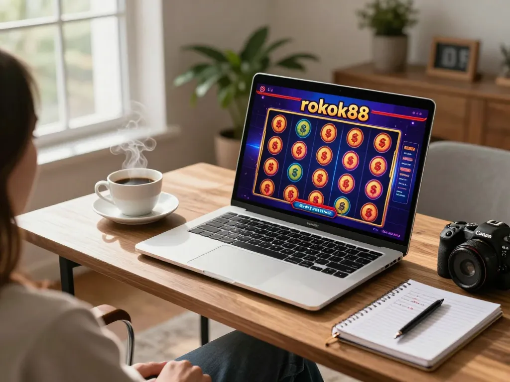 Engaging in rokok88 slot gameplay on a sleek laptop, highlighting a successful win within a cozy home setup.