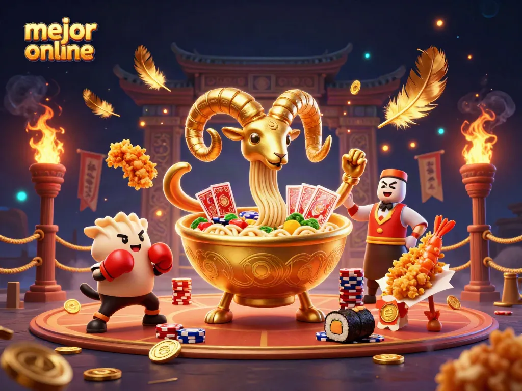 Disfruta del mejor casino online con una escena de divertidos personajes de ramen, sushi y tempura en acción.