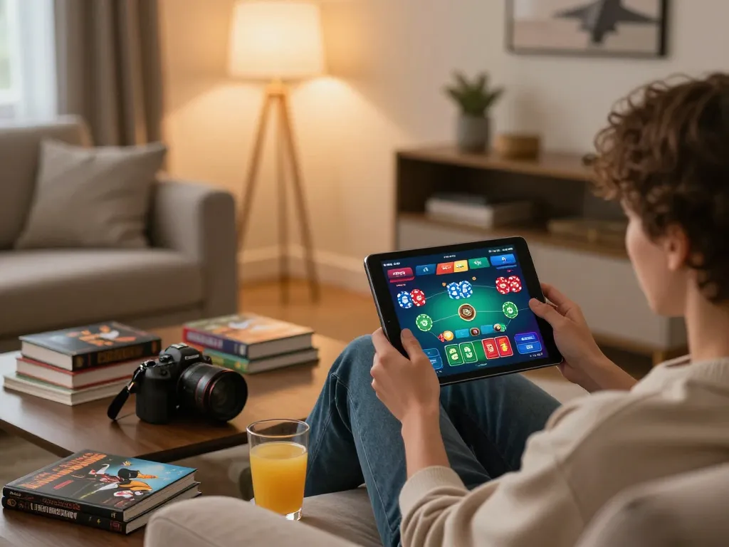 Engaging F168 online casino gameplay scene with a player using a tablet in a cozy home setup.