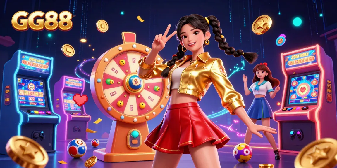 Join the action at GG88 by spinning the prize wheel amidst bright lottery balls and arcade machines.