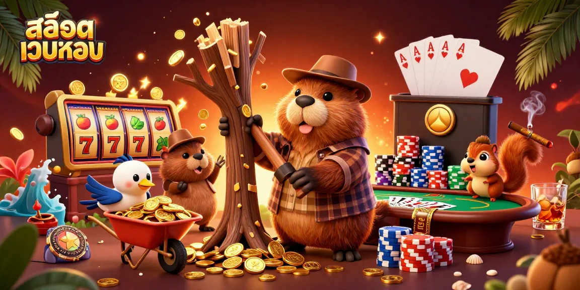 Experience สล็อตเว็บตรง with playful characters amid golden coins raining from a tree.