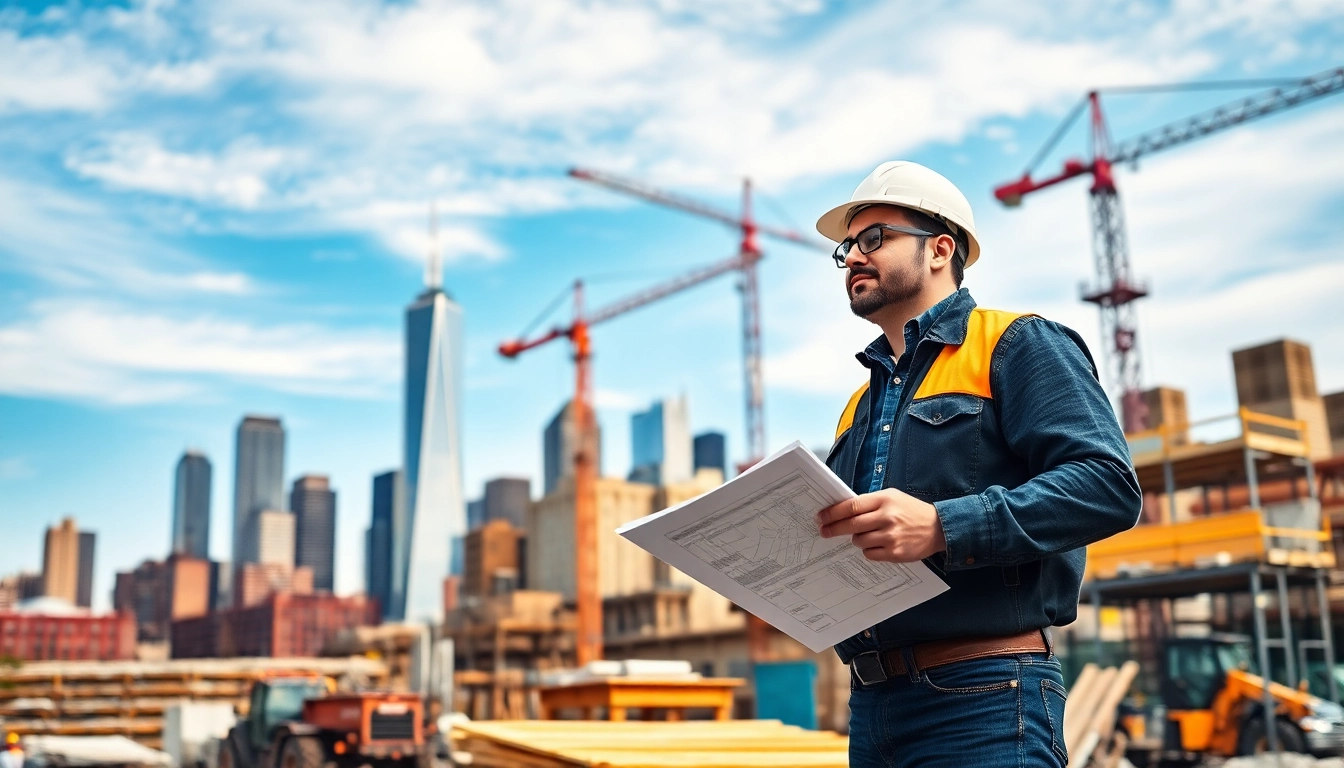New York General Contractor inspecting site plans with a skyline view.