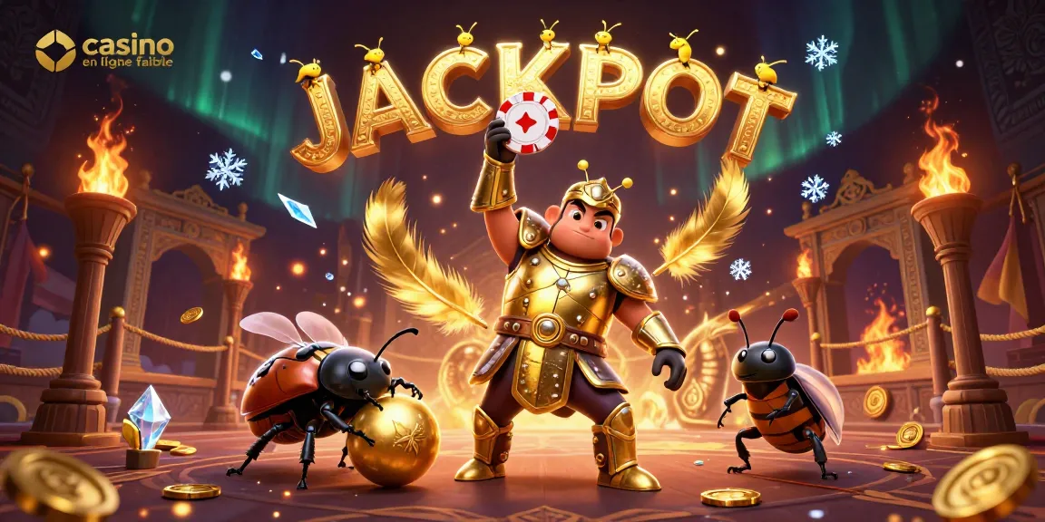 Illustration dynamique de "casino en ligne fiable" avec un scarabée héros dans une arène, célébrant un jackpot.