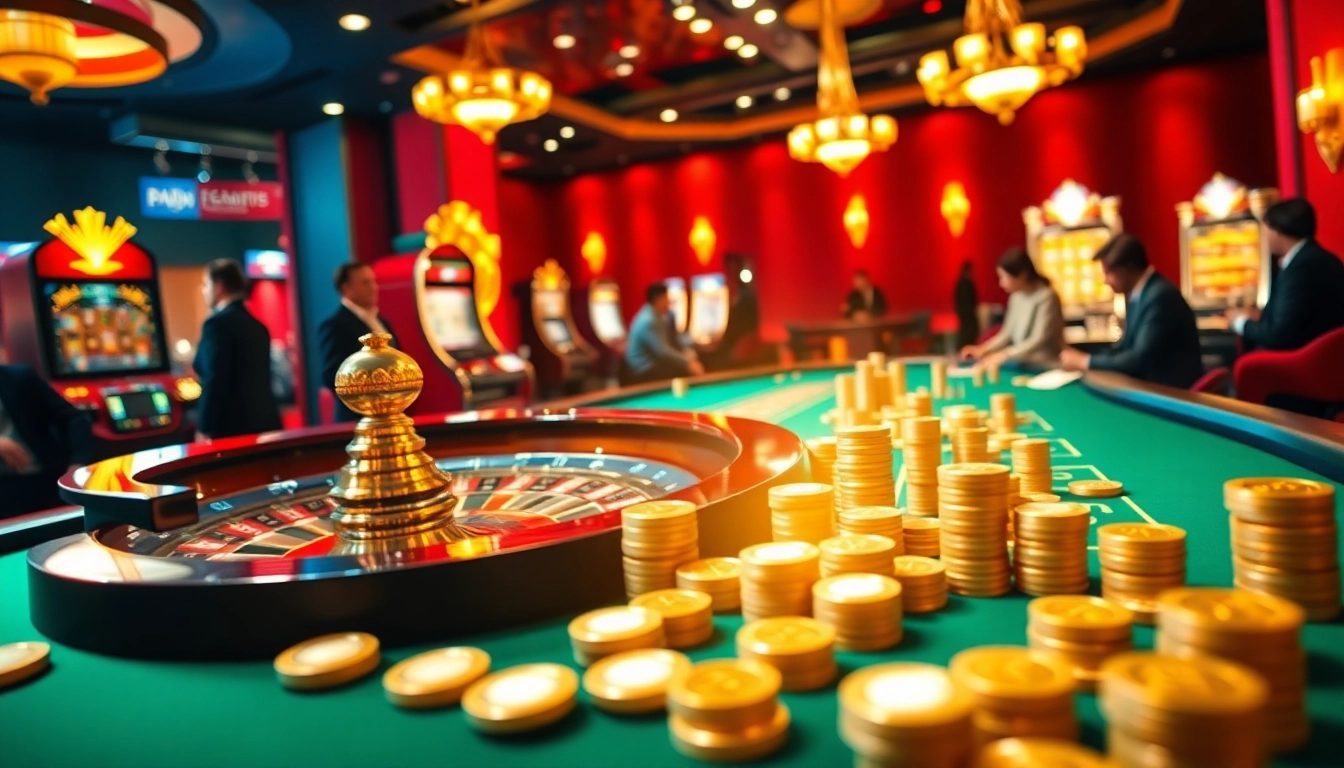 Joueurs profitant des casinos en ligne français avec une atmosphère de jeu vibrante comprenant la roulette, les machines à sous et le poker.