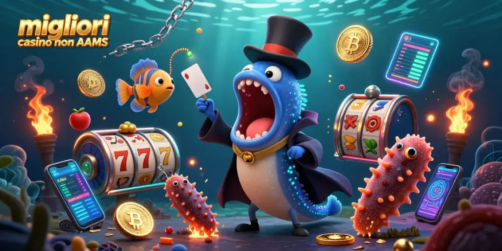 Scopri i migliori casino non AAMS con un'illustrazione 3D unica di creature marine e giochi d'azzardo.