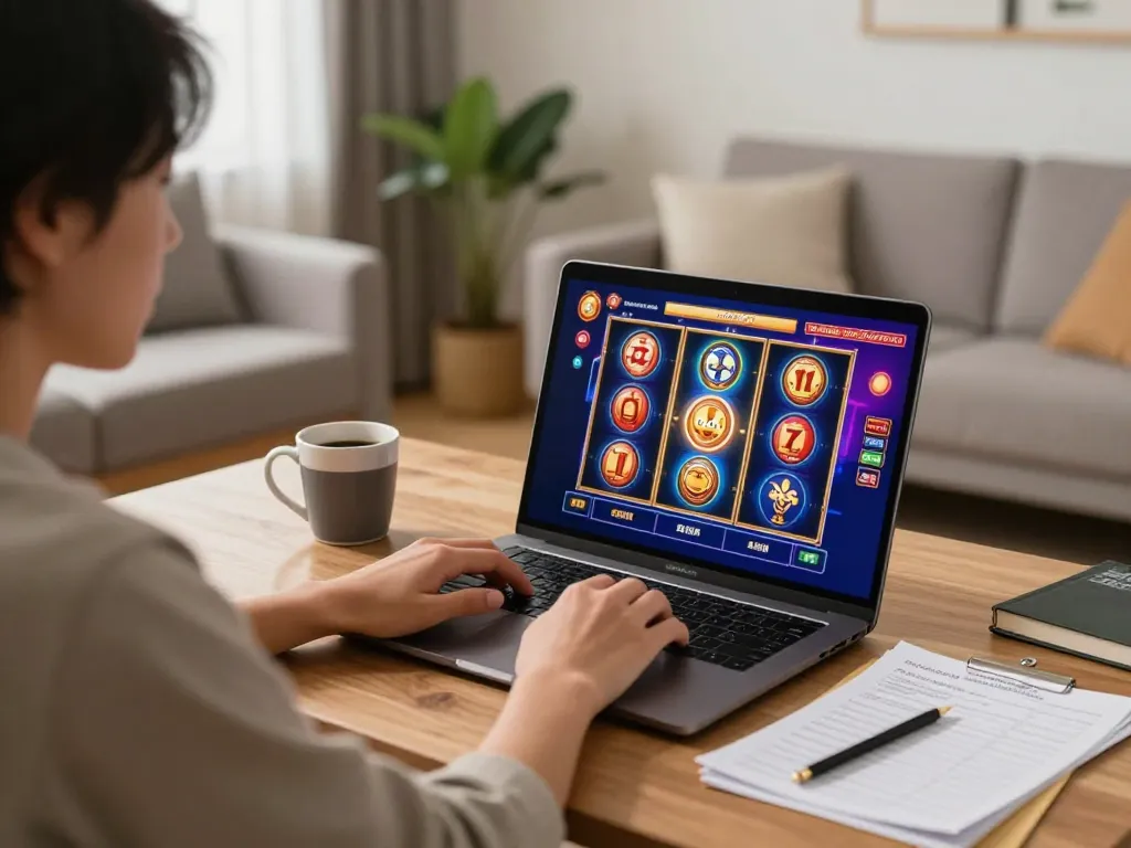Player enjoying slot gacor sore ini on laptop, showcasing colorful game graphics at home.