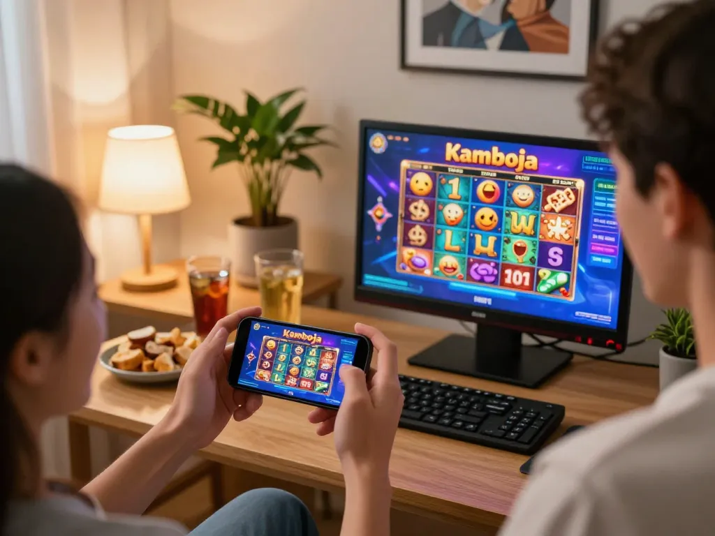 Engaging in online gaming featuring the link slot kamboja interface on a smartphone in cozy home.