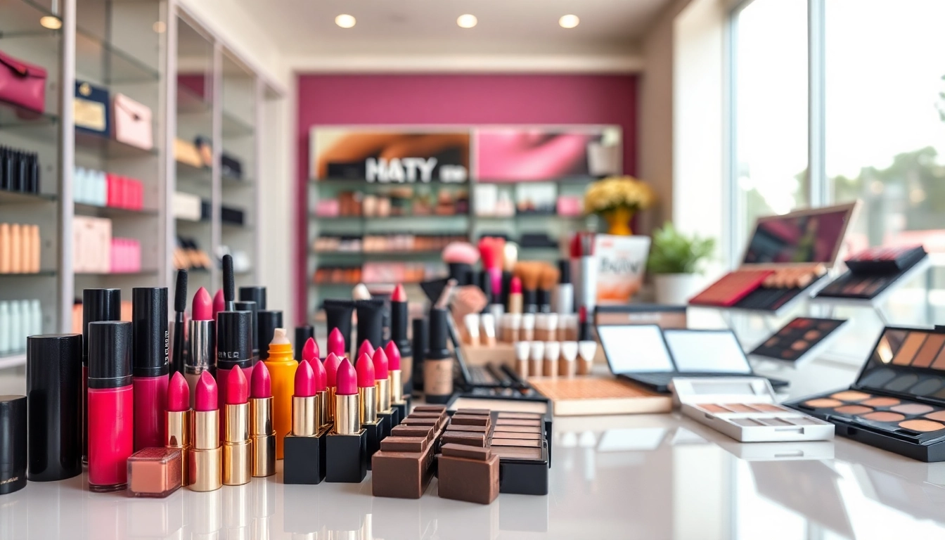 Wholesale makeup suppliers showcasing a vibrant display of cosmetics in an inviting store.