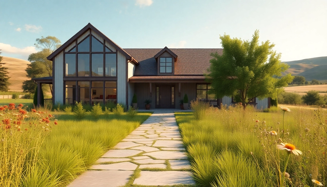 A beautiful Winding River Farmhouse New Build surrounded by lush nature with a stone pathway leading to an inviting entrance.