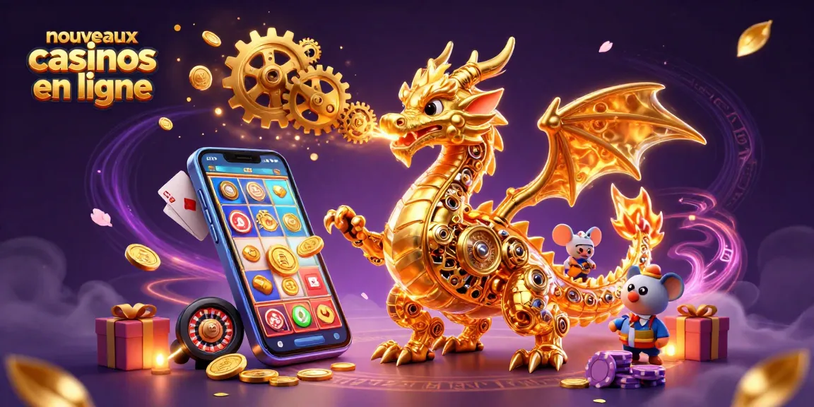 Illustration captivante de nouveaux casinos en ligne avec un dragon mécanique et des éléments de jeu.