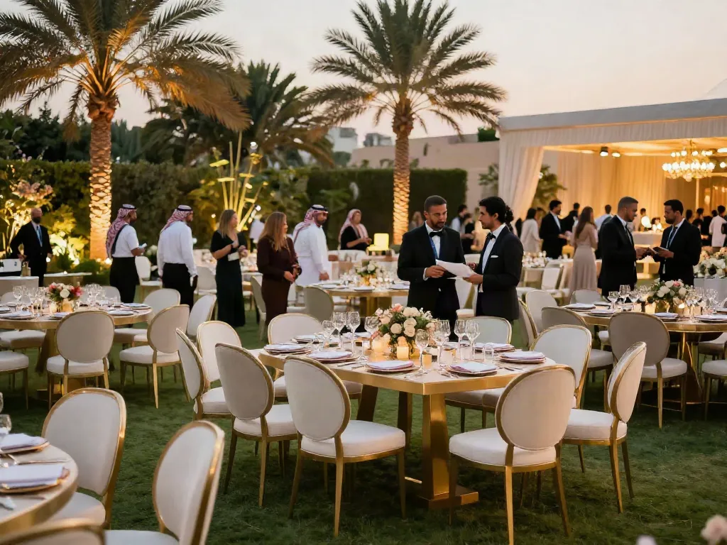 Event furniture rental setup at a luxurious outdoor venue in Saudi Arabia, featuring stylish tables and chairs.