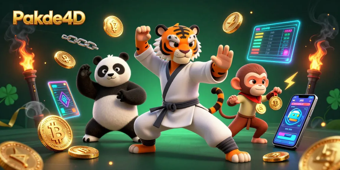 Pakde4D features vibrant cartoon characters engaging in a dynamic gambling scene filled with cryptocurrency elements and gaming symbols.