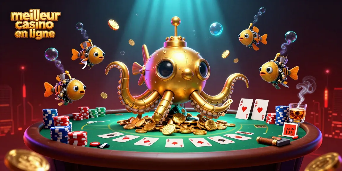 Plongez dans l'univers du meilleur casino en ligne avec une illustration dynamique de jeux de poker autour d'une créature marine en or.