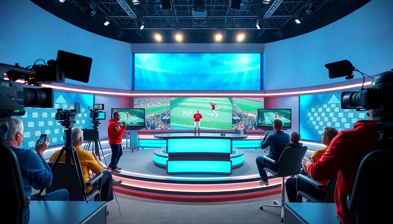 Dynamic sports broadcasting studio with live action and presenters engaging viewers.
