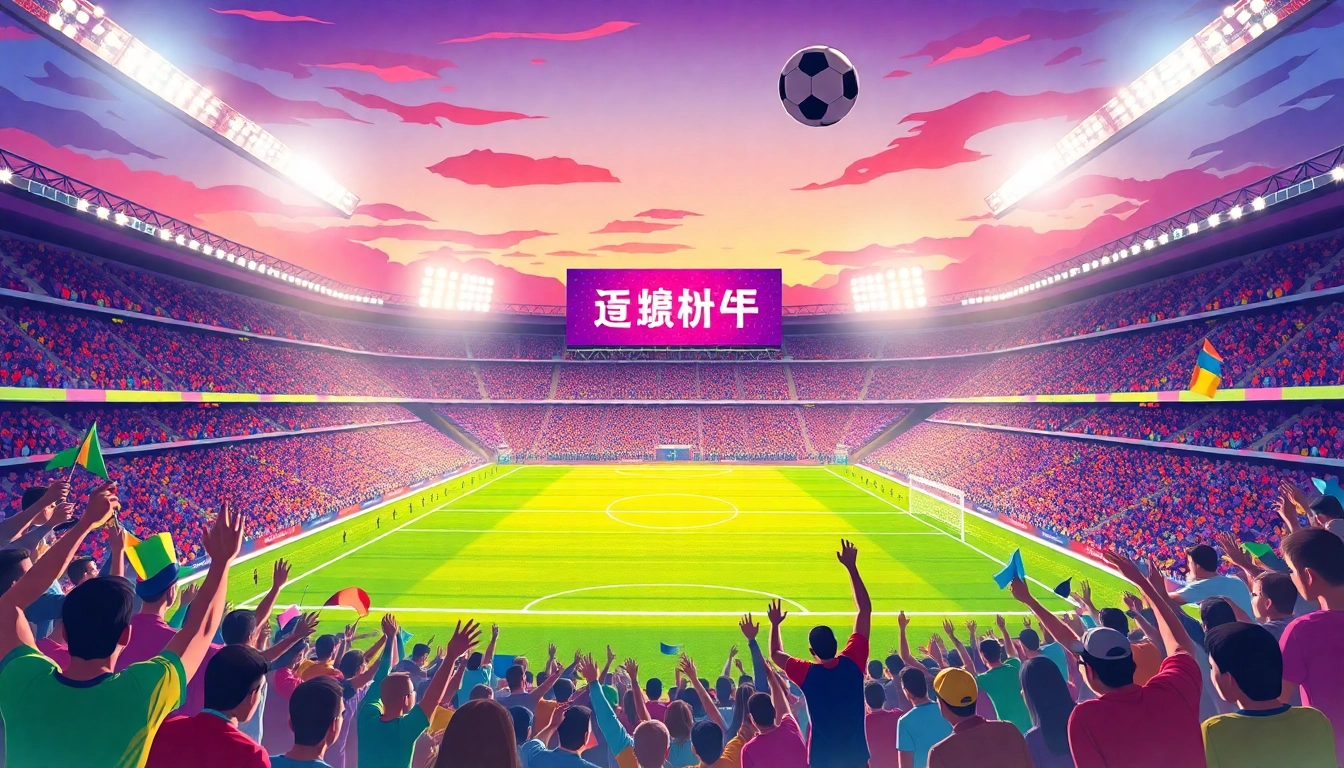 Exciting scene of fans at a football match displaying บอลโลกวันนี้ on a scoreboard.