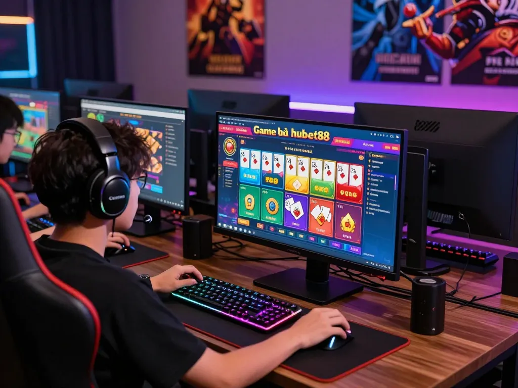 Engaged player exploring Game bài hubet88 in a vibrant gaming setup with colorful graphics.