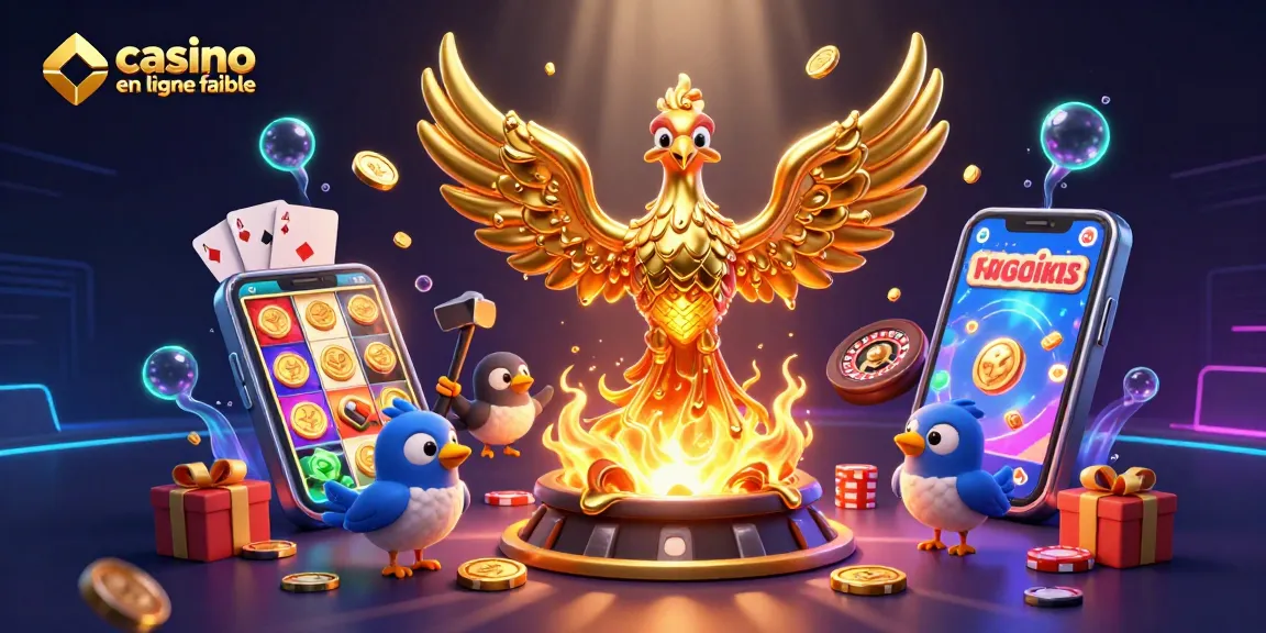 Jouez au casino en ligne fiable avec des vignettes flamboyantes d'une scène dynamique de machines à sous, cartes et jetons.