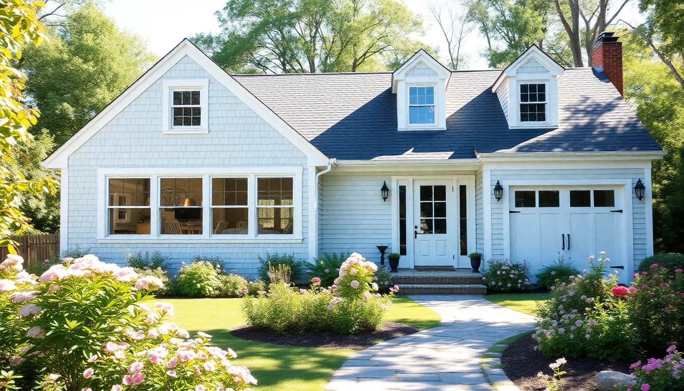 Enhance your Cape Cod home addition with a beautiful attached garage in a scenic garden.