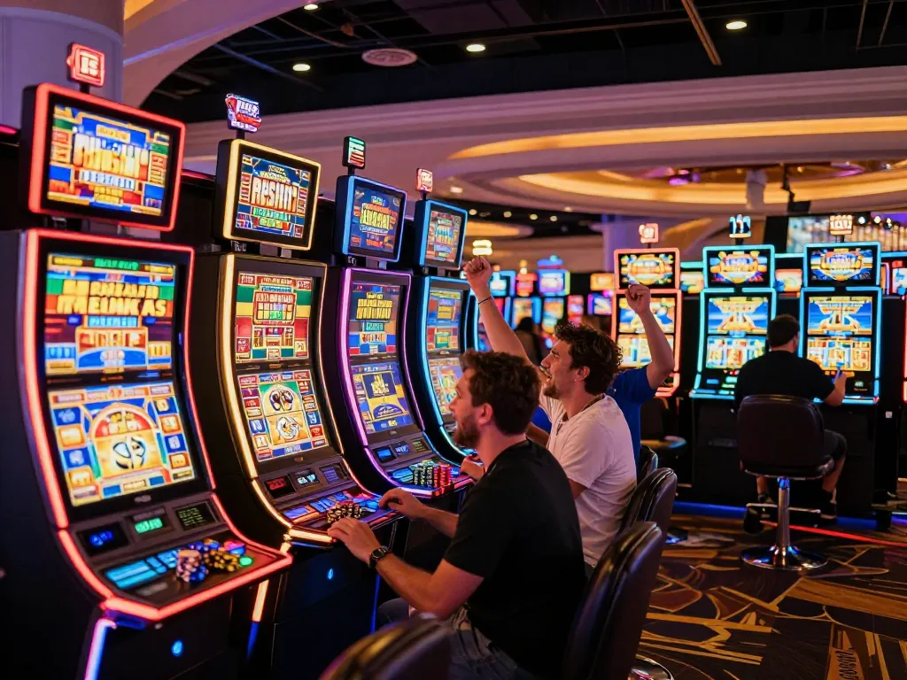 Exciting scene at Vegas casino showcasing players enjoying Link Slot Gacor on vibrant slot machines