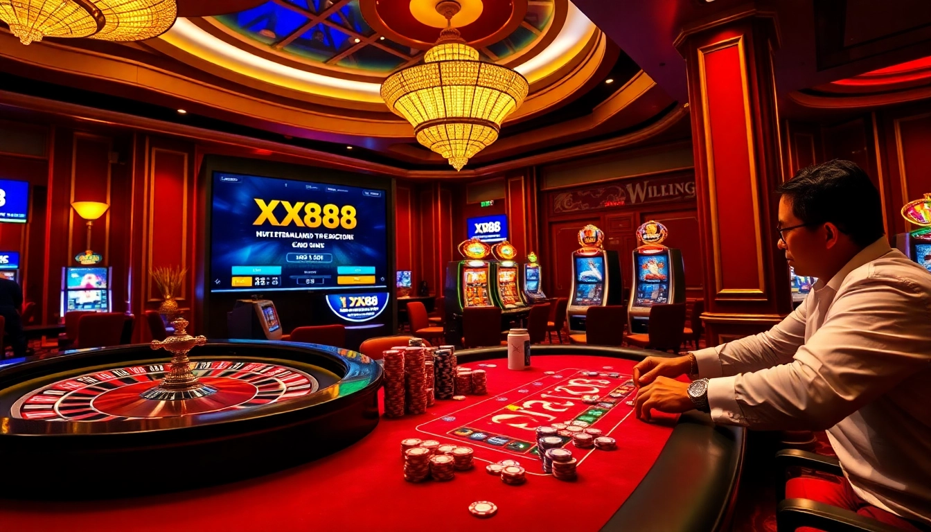 Excited players at XX88 engage in poker while vibrant slot machines create a thrilling casino atmosphere.
