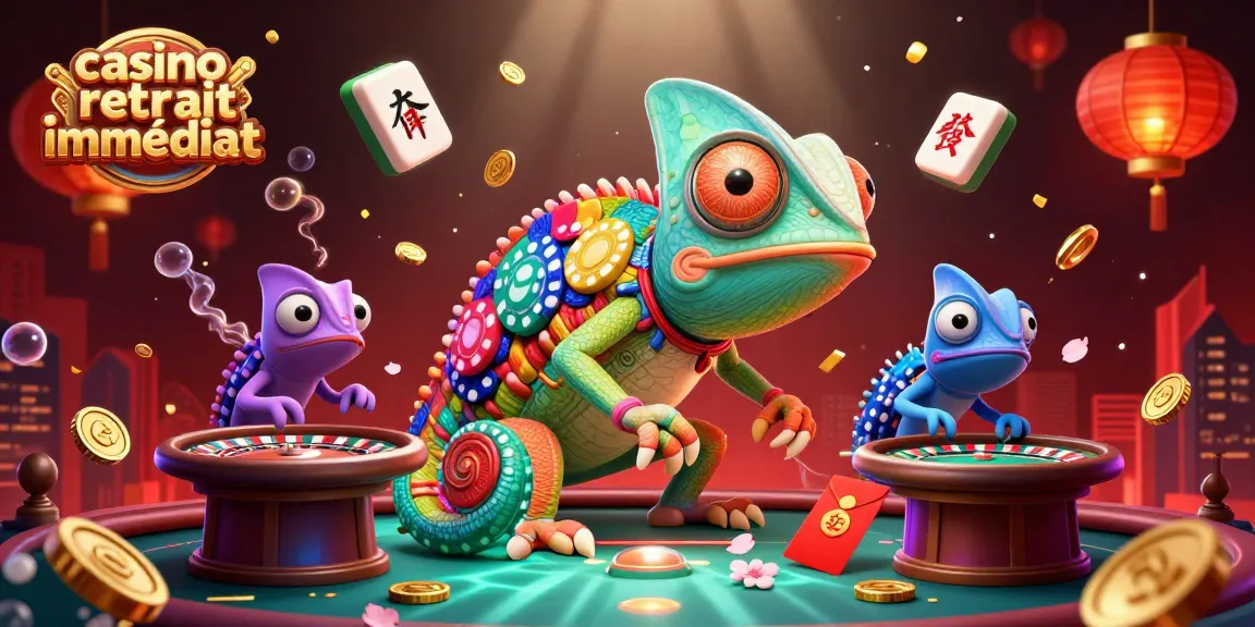 Un propriétaire de casino en caméléon expliquant le retrait immédiat au casino avec des éléments colorés autour.
