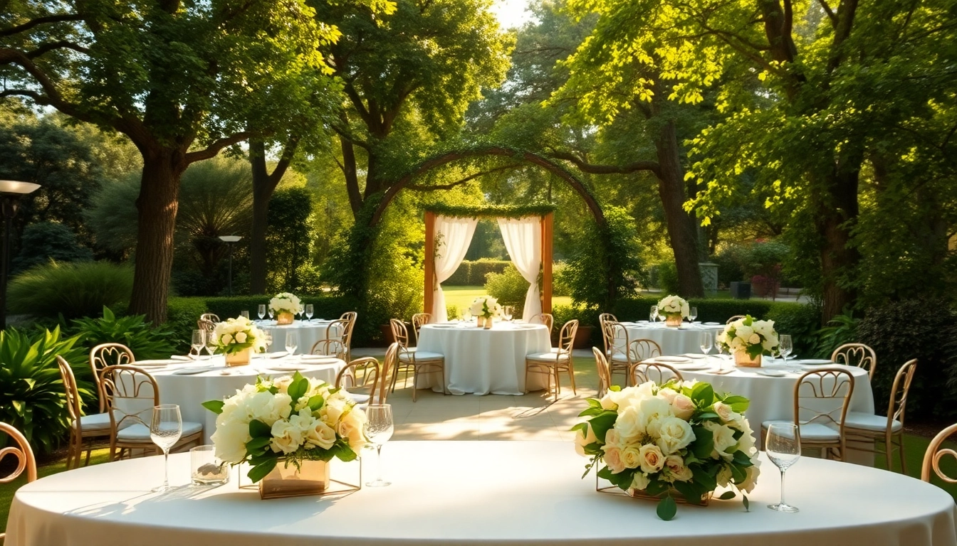 Stunning Weddings Venue setup in a scenic garden with floral arrangements and elegant tables.