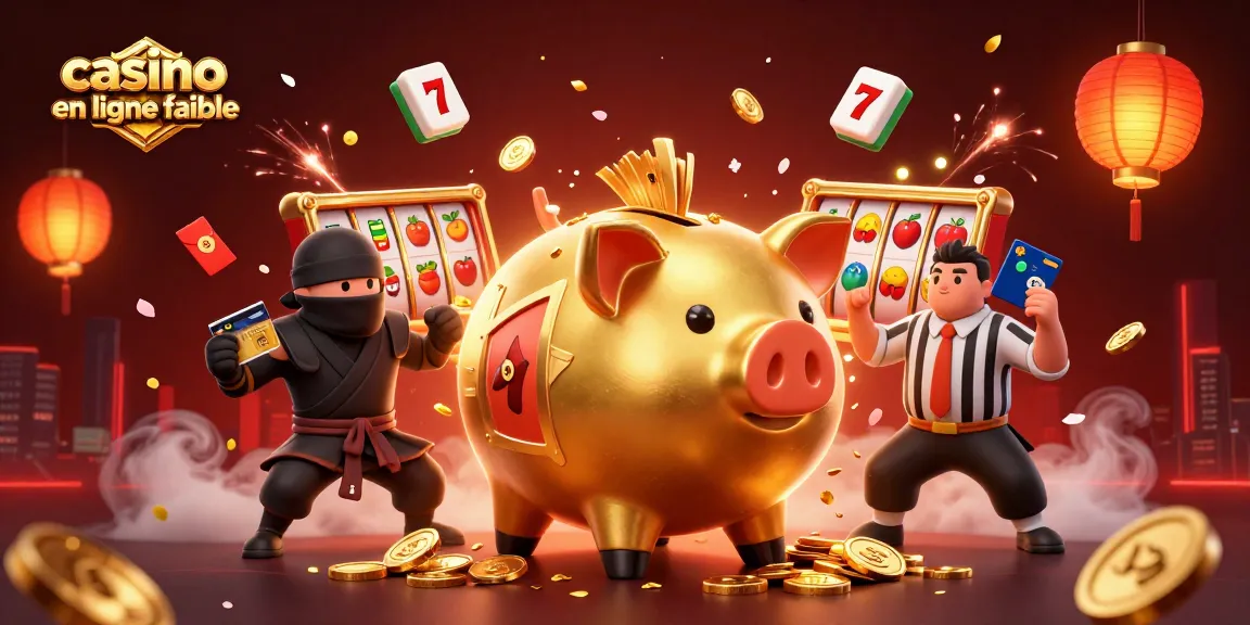 Illustration dynamique de casino en ligne fiable avec un sumo, un ninja et un samouraï, entourés de symboles de jeux.