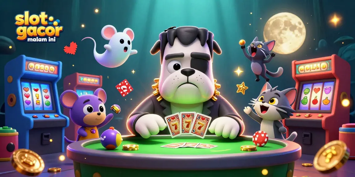 Experience thrilling slots with "slot gacor malam ini," featuring vibrant characters and games in an immersive scene.