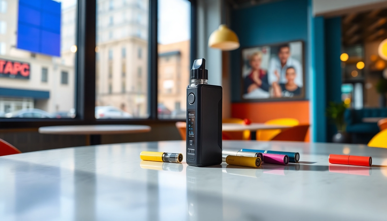 Delightful off stamp vape device displayed with colorful pods on a cafe table.