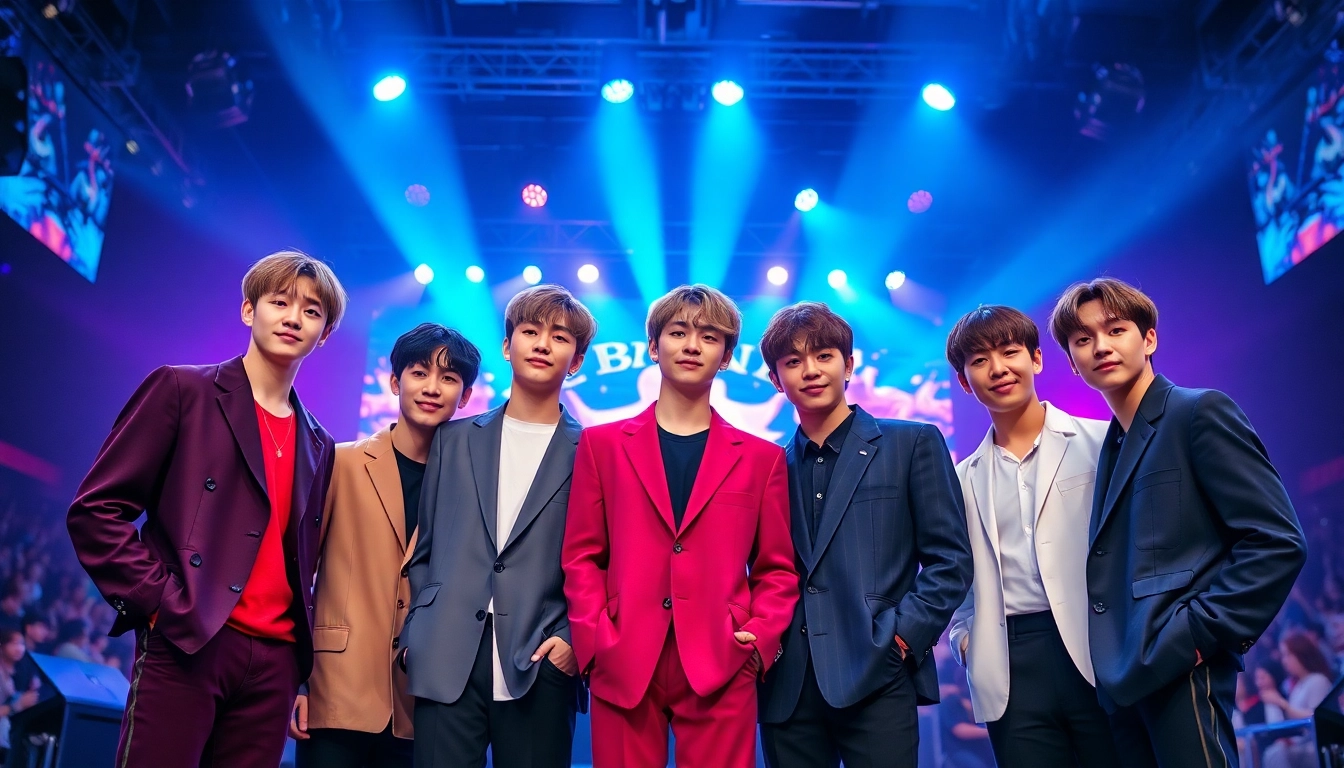 Capture the BTS members in a vibrant concert setting, showcasing their unity and star power.