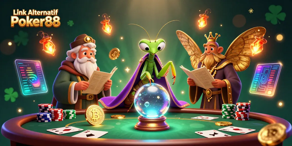 Engage with Link Alternatif Poker88 in this vibrant 3D casino scene, featuring whimsical characters and gaming elements.