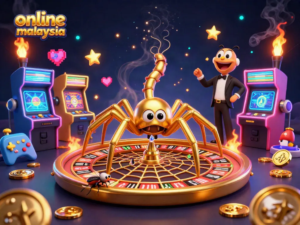 Experience excitement at online casino malaysia with a golden spider and centipede croupier in a vibrant gaming scene.